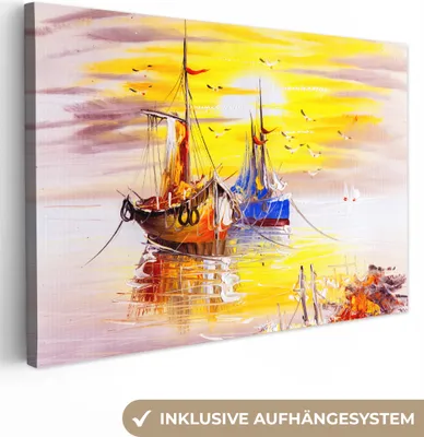 Produktbild von MuchoWow® - Leinwandbilder - Malerei - Boot - Wasser - Ölfarbe, Wandbild, Wanddeko Bilder Wohnzimmer, 90x60 cm