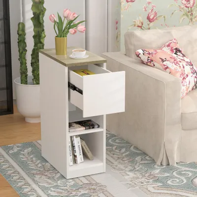 Produktbild von Schmaler Nachttisch,Beistelltisch mit 2 Schubladen & Einstellbare Offene Ablagen,Sofatisch Nachtschrank für kleine Räume,Schlafzimmer 45x25x70cm