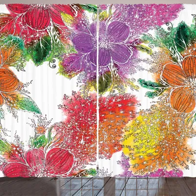 Produktbild von ARANDE Blumen Gardine, Chaotische Design Illustration der abstrakten bunten Blumen in Aquarell-Effekt, 280 x 225 cm, Mehrfarbig