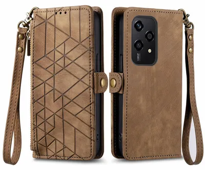 Imagen del producto de Funda tipo billetera de cuero sintético para Honor 200 Lite, con cremallera, correa y protección. Color: marrón