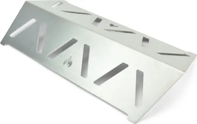 A silver metal heat reflector for a grill, shown from a diagonal angle against a white background.
