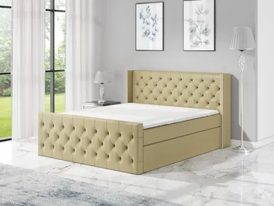 Produktbild von Boxspringbett BOKO 140x200 mit 2 Bettkästen, Bonell-Matratze und Topper. Dekorative Stifte an den Seiten der Kopfstütze. Bett Komplett-Set mit Matratze,Bettkasten & Kopfteil. Stoff Eko Cayenne. Elegantes Bett mit massives Kopfteil.