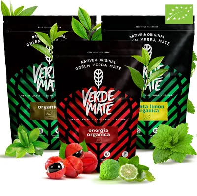 Produktbild von Verde Mate - Mate Tee Set Organica 3x400g - Dicke Blätter 5mm - mit Menta Limon & Energia - Luftgetrocknet, Mild - Yerba Brasilien