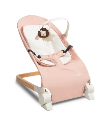 A baby bouncer chair with a toy.