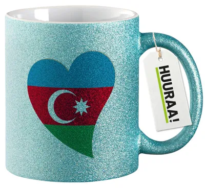 Produktbild von Huuraa Glitzertasse Aserbaidschan Flagge Herz 330ml Blau Keramik Kaffeebecher Geschenkidee