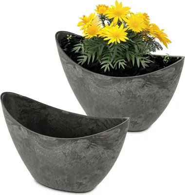Produktbild von Hohe Pflanzschalen oval 2x 20 cm für draussen schwarz marmoriert