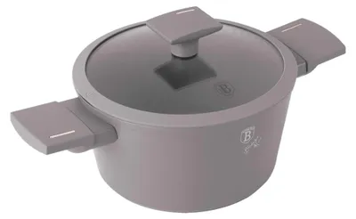 A gray pot with a glass lid and handles, shown from a slightly elevated side view against a white background.