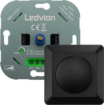 A dimmer module and its control button are shown against a light gray background.
