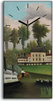Produktbild von Wanduhr Bürouhr Leinwand Bild Geräuschlos 30x60 Gemälde Stadt Boot Fischer Fluss - schwarze Hände