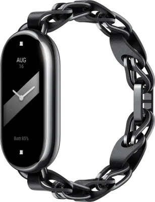 A Xiaomi Smart Band 8 with a chain strap, shown against a white background.