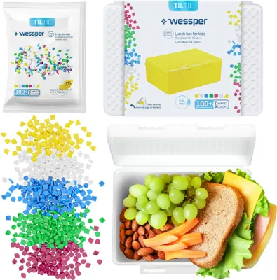 Zdjęcie produktu dla Wessper Lunchbox Kids, kreatywny pojemnik śniadaniowy dla dzieci z klockami | biały spersonalizowany pojemnik na chleb 165x118x65 mm, BPA Free | pojemnik na chleb dla dzieci idealny do szkoły, przedszkola lub wypoczynku
