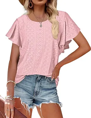 Produktbild von ASKSA Damen T-Shirt Rüschenärmel Bluse Aushöhlen Tops Casual Rundhals Loose Shirts, Rosa, XL