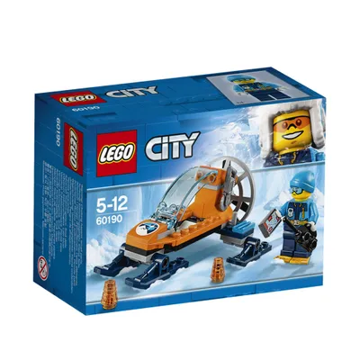 The image shows the packaging of a LEGO City Arctic Ice Glider set. The box is blue and features an illustration of the toy, minifigures, and a snowy arctic landscape.