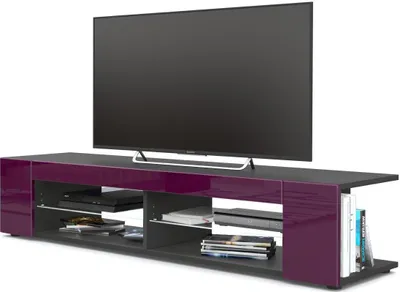 Produktbild von Vladon Lowboard Movie, TV-Kommode mit 4 offenen Fächern und Zierleisten, Schwarz matt/Brombeer Hochglanz (134 x 29 x 39 cm)