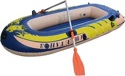 Imagen del producto de Bote inflable de goma, ideal para la pesca en ríos, para 3 personas, con 2 remos de aluminio y bomba de pie. Capacidad máxima de carga: 350 kg. Para deportes acuáticos