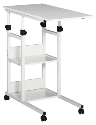 Produktbild von Beistelltisch mit Rollen. h?henverstellbar. kompakt. 2 Ablageb?den. Metallrahmen. 80x40x72-82 cm. Wei?