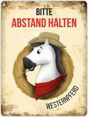 Produktbild von Metallschild XL mit weißem Westernpferd Motiv und Spruch: Bitte Abstand halten