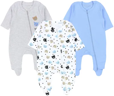 Obrázok produktu pre TupTam Baby unisex spací overal dievčenské pyžamo s nožičkami chlapci hráč 3-pack, Farba: Medvedíky/svetlo modrá, Veľkosť: 68