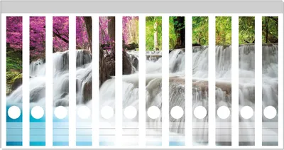Produktbild von Wallario Ordnerrücken Sticker, selbstklebend für schmale Ordner, 12 Stück, Motiv Wasserfall  in  einem  bunt  gefärbten  Wald