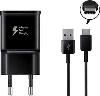 A black fast charger adapter and a USB-C cable are displayed on a white background.