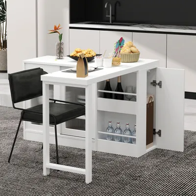 Image de OKWISH Table de Bar Pivotante 360° Extensible avec Rangements Intégrés, Meuble Bar Transformable en Table à Manger avec Portes Vitrées - MDF + PB + Fer - Blanc