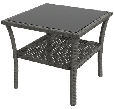Zdjęcie produktu dla Stolik ogrodowy z polyrattanu, 50 x 50 x 45 cm, odporny na warunki atmosferyczne Stolik pomocniczy dla 4 osób, kwadratowy z półką Szklany blat
