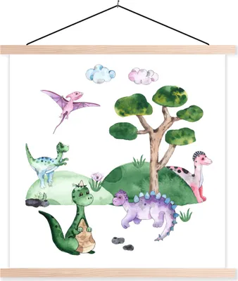 Produktbild von MuchoWow® Textilposter Kinderzimmer - Dinosaurier - Weiß - Jungen - Mädchen - Kind 60x60 cm mit holzfarbenen Rahmen - Wanddekoration