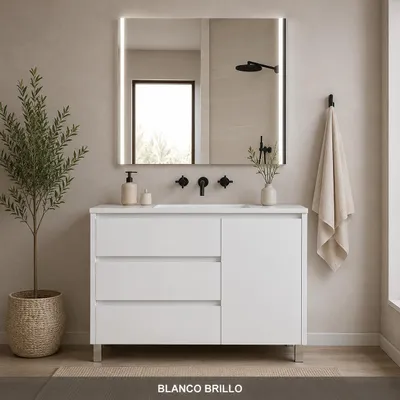 ORIGEN BATH VOLUM Badmöbel-Set mit Waschbecken 120x45 cm und LED-Spiegel MEGAN 80x80 cm, Weiß