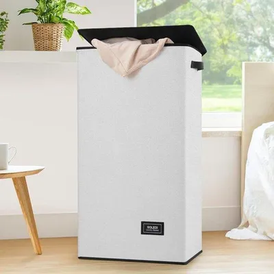 Produktbild von Unyqoos® Wäschekorb mit Deckel, grau – faltbar & stabil, 100 l, 43×32×76 cm, mit Tragegriff und herausnehmbarem Wäschesack, für Kleidung und Spielzeug