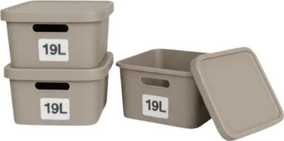 Produktbild von Plastard Boxen 19 L, 3er-Set, stapelbar, BPA-frei, Beige, mit Deckel
