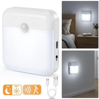 Image de 1Pc LED Veilleuse Avec Détecteur de Mouvement USB Rechargeable Lumière Crépusculaire Blanc pour escalier, couloir, placard