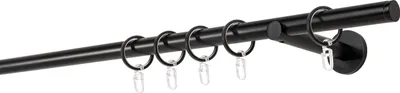 A black curtain rod with rings, shown against a white background.