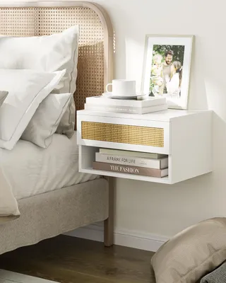 Image de Solidchoice - Table de chevet suspendue - Design moderne - Multifonctionnelle - En rotin blanc - Étagères coulissantes - Parfaite pour la chambre à coucher et la salle de bain