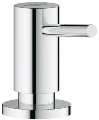 A chrome soap dispenser with a lever.