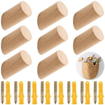 Obrázek produktu pro Sada dřevěných háčků, 8 kusů, kulaté, multifunkční, na zeď, do předsíně, do obývacího pokoje