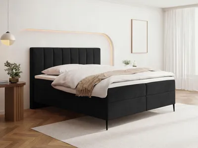 Produktbild von Boxspringbett mit Bettkasten – Polsterbett 160 x 200 cm mit H4 Taschenfederkern 7-Zonen Matratze & 5 cm Topper – Stauraumbett mit hohem Kopfteil & Metallfüße – Samt Velours Schwarz