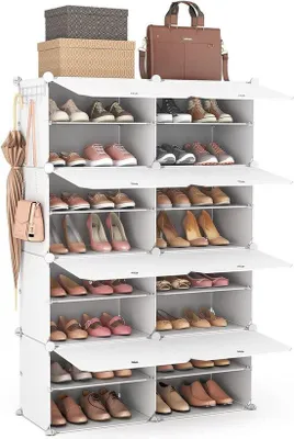 Zdjęcie produktu dla Organizer na buty z 8 półkami – zajmujący mało miejsca, przenośny organizer na buty – do szafy w przedpokoju lub sypialni (biały, 2 x 8)