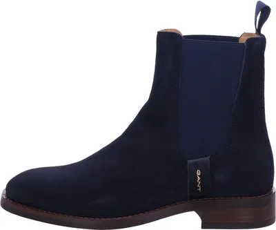 A single blue suede Chelsea boot is shown against a white background.