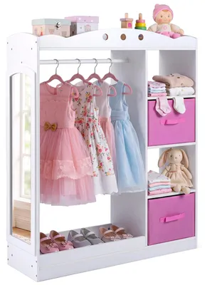 Produktbild von COSTWAY Kindergarderobe mit Spiegel, Kinder Kleiderschrank aus Holz mit Regalen, Kleiderstange und klappbaren Stoffschubladen, Kinderschrank, Weiß
