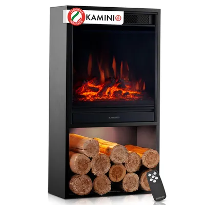 Immagine prodotto di KAMINIO Camino elettrico HUGO - Stufa elettrica con riscaldamento, effetto fiamma 3D, luce d'atmosfera a LED, vano legna, telecomando - Nero