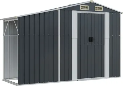 A dark gray metal garden shed with a silver trim and double doors.