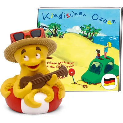 A toy octopus playing a guitar on a life preserver, with a book cover in the background depicting a beach scene with a car and children.