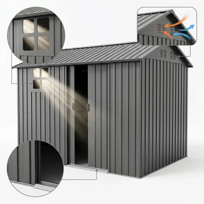 Produktbild von Gerätehaus Metall Gartenhaus 255x184x194cm verzinkter Stahl, rostfrei, wetterfest mit Schiebetür, Fenster & Lüftung