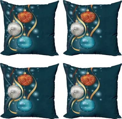 Produktbild von ABAKUHAUS Weihnachten Kissenbezug Set (4 Stück), Vivid Balls Ribbons, Moderner Doppelseitiger Digitaldruck, 40 cm x 40 cm, Petrol Blau, Grau, Rot