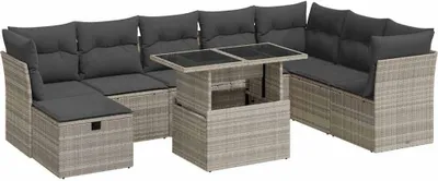 Image de vidaXL Ensemble de salon de jardin 9 pièces avec coussins gris clair Poly rotin