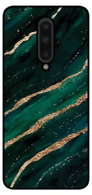 The back of a smartphone case with a green and gold marble pattern.
