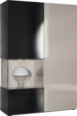 Produktbild von Vladon Vitrine Kommode Hochschrank Morena,  Germany, Korpus in Schwarz matt / Rechte Tür und der Einsatz in Sandgrau Hochglanz