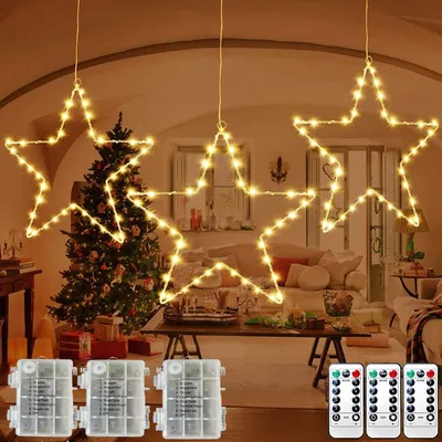 Produktbild von [2er-Set] Weihnachtsstern-Lichterkette für den Außenbereich, 60 LEDs, batteriebetrieben, für Balkon, Terrasse, Fenster & Hochzeits-Deko, warmweiß