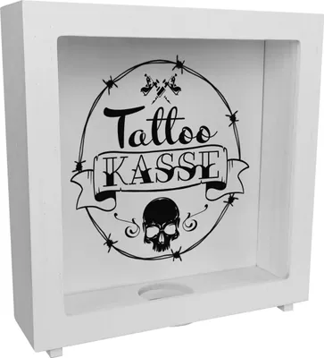 Produktbild von Rahmen Spardose aus Holz mit coolen Tattoo-Motiven in weiß - Tattookasse