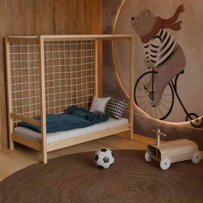 Produktbild von HAGO24 Kinderbett Fußballtor Natur Jugendbett Einzelbett Holz 70x140cm Kiefer Lattenrost Netz Spielbett Torrahmen